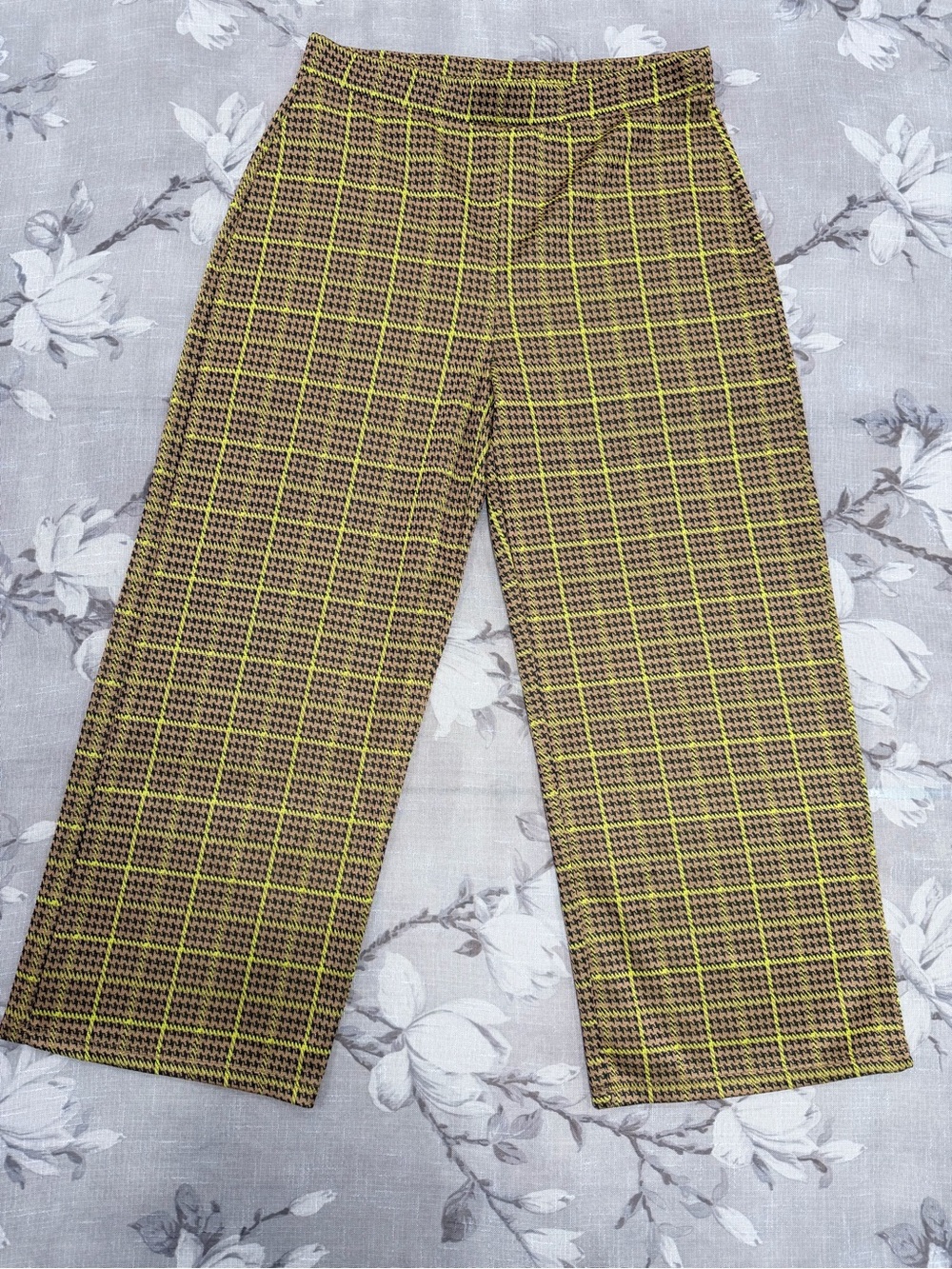 Zara Trafaluc Houndstooth Plaid Cropped Wide Leg Pants Medium Neon Windowpane